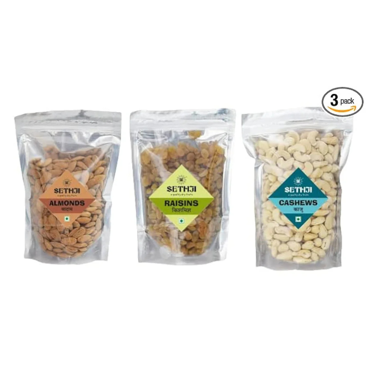 SETHJI Raw Dry Fruits & nuts Super Saver Combo Pack- Almonds ID (900g), W240 Cashew (900g), Green Raisins (900g) - 2kg 700g