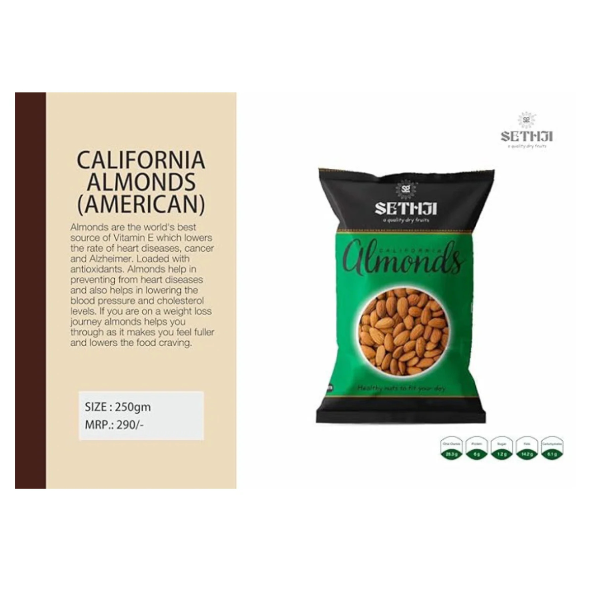 SETHJI 100% Natural Premium California Fresh Almonds 1Kg Value Pack Pouch