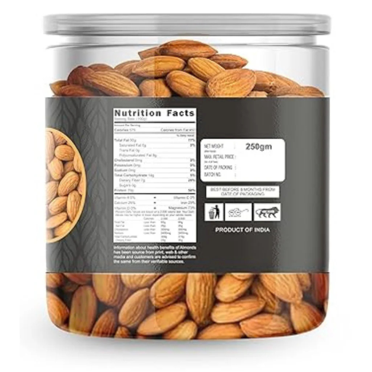 SETHJI 100% Natural Premium California Almonds 250g Jar Pack
