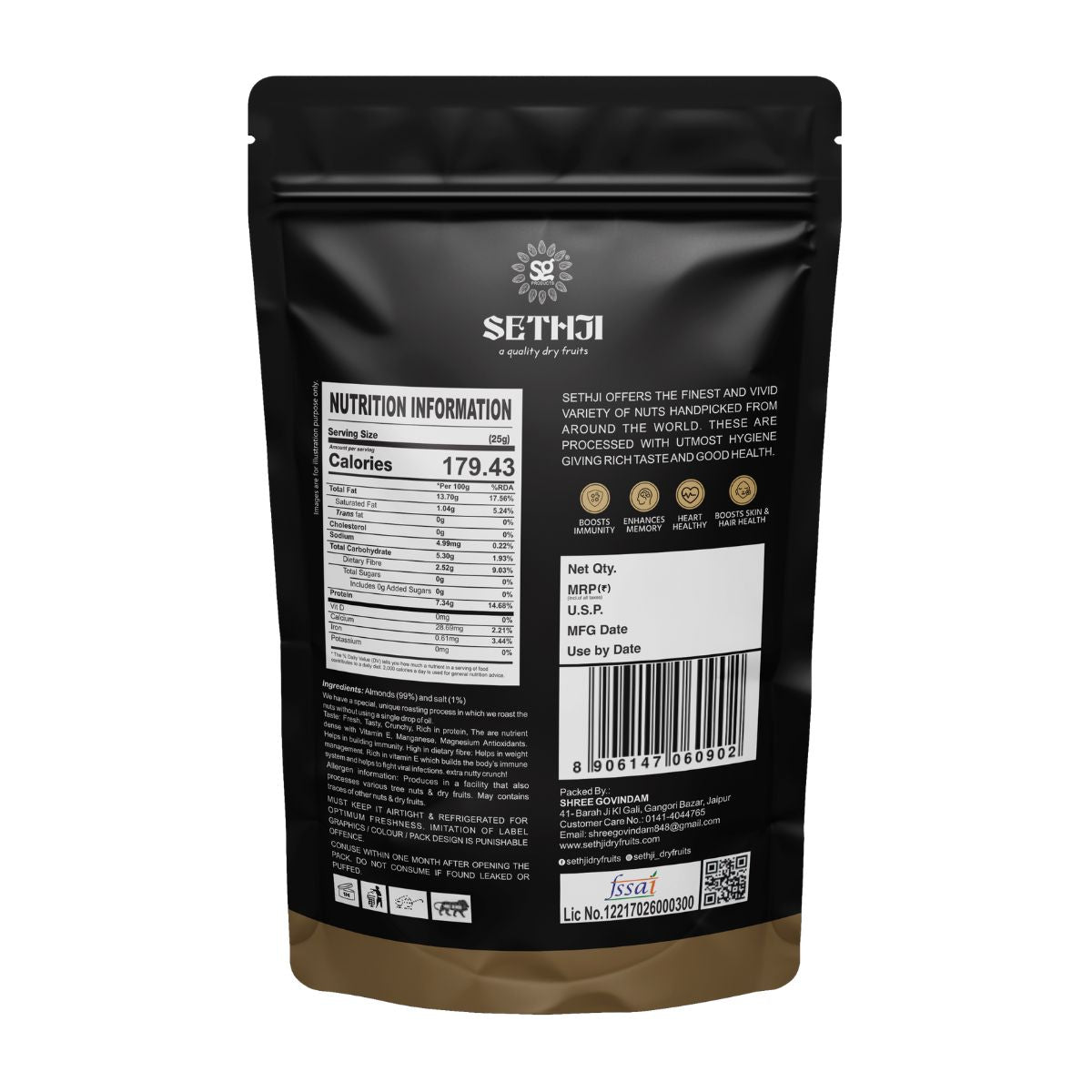 Sethji Roasted and Salted Almonds (Namkeen Badam) 250gm pack