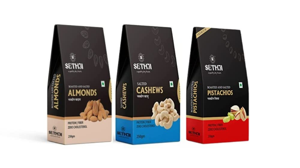 Sethji Roasted Dry Fruits Combo Pack - Roasted Almond, Salted Cashew Nuts, Pistachios