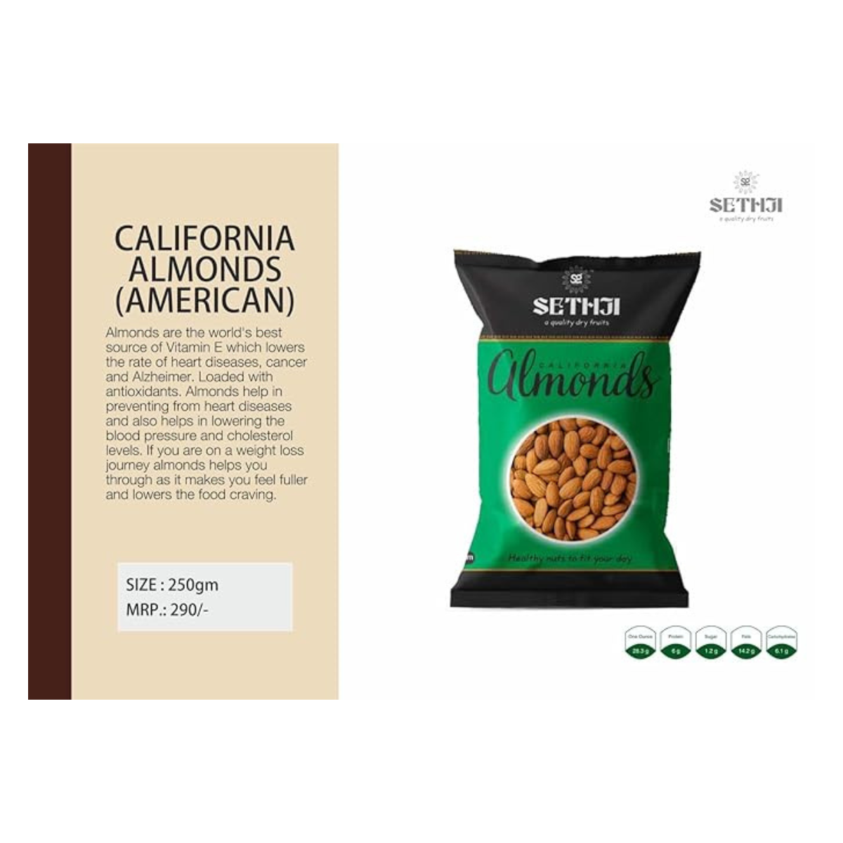 SETHJI 100% Natural Premium California Fresh Almonds 1Kg Value Pack Pouch