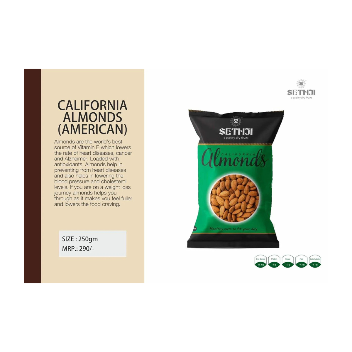 SETHJI 100% Natural Premium California Fresh Almonds 1Kg Value Pack Pouch